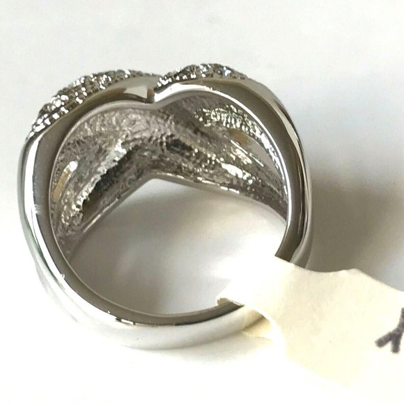 Vintage Silver Criss Cross Cocktail Ring Swarovski Crystal Size 9 Camilla Lucia - Picture 8 of 12